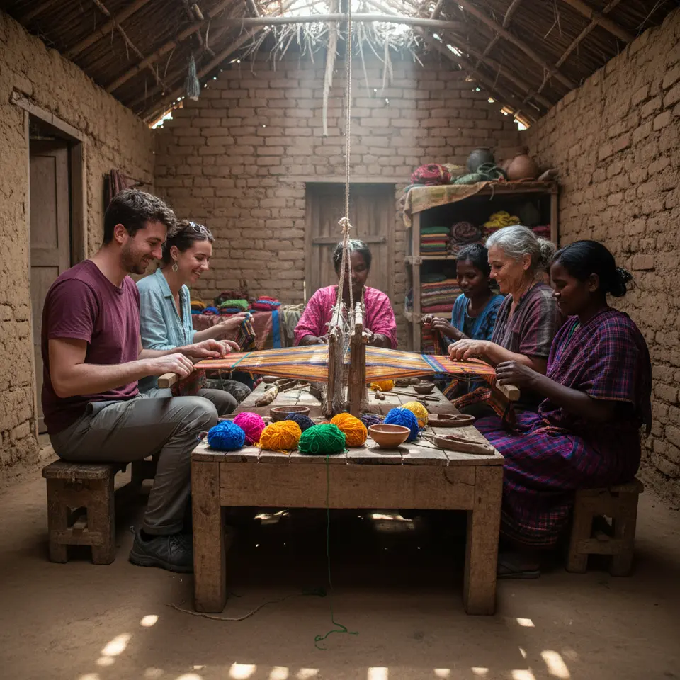 Community-Led Artisan Workshop: A small group of travelers and local artisans seated around a low wooden table in a rustic village workshop, hands weaving colorful textiles on a traditional loom. Sunlight filters through a thatched roof, highlighting vibrant yarns, handmade tools, and the focused expressions of both teacher and student.