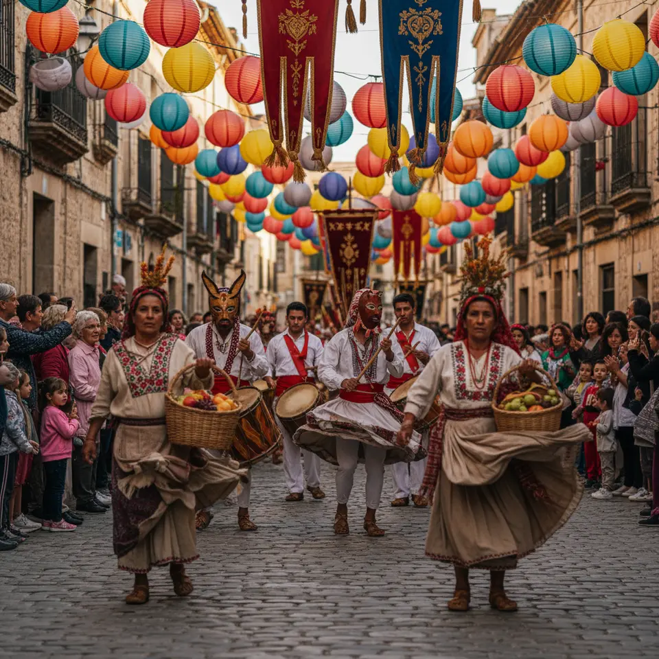 Vibrant Local Festival Procession: A lively street scene at a traditional harvest ceremony, with villagers dressed in ornate costumes carrying woven baskets of offerings. Decorative flags flutter overhead, drummers beat rhythmic patterns, and curious visitors observe respectfully from the sidelines as dancers perform under strings of colorful paper lanterns.