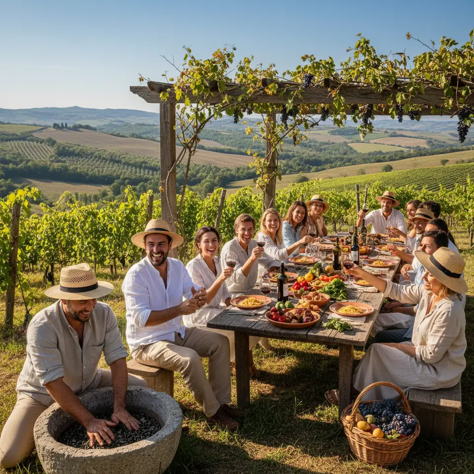 Tuscany, Italy: Farm-to-Table Traditions – sun-drenched rolling hills dotted with olive groves and vineyards, travelers pressing olives by hand, harvesting grapes from organic vines, and enjoying a farm-to-table feast with biodynamic wine under a rustic pergola.