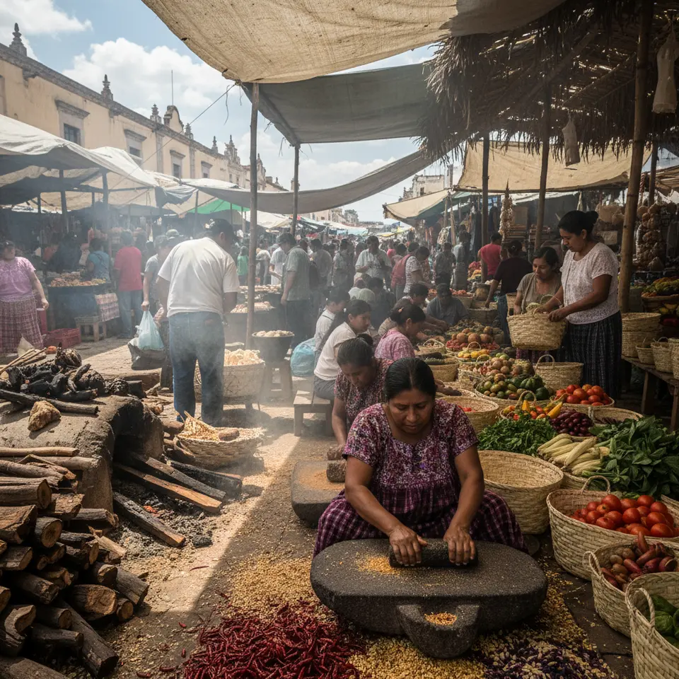 Oaxaca, Mexico: Maize Diversity and Community Workshops – a vibrant open-air market scene with local cooks grinding heirloom maize and chiles on a volcanic stone, nearby mezcal distillery firing agave fibers as biofuel, and artisans packing produce in reusable baskets.