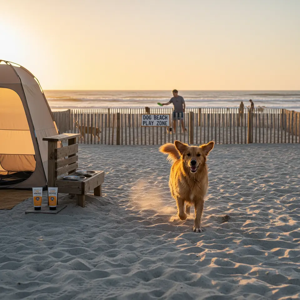 Coastal Escapes: A playful dog romping on a wide, sandy beach at golden hour—complete with a fenced-off play area, fresh-water station, a pop-up shade shelter, pet-safe sunblock tubes, and gentle surf lapping in the background.