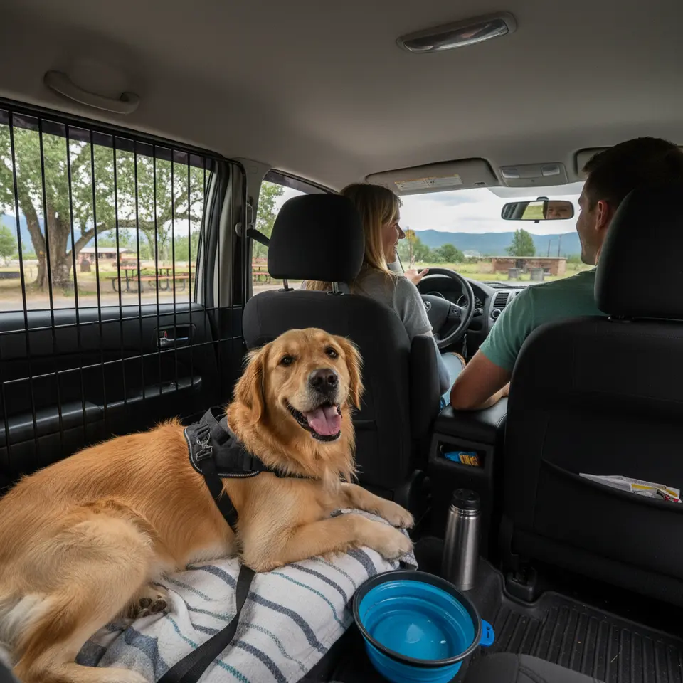 Road Trips by Car: Interior view of a family car with a happy dog secured in a seat-belt harness on the back seat, a sturdy pet barrier behind the front seats, collapsible water bowl on the floor, windows cracked for ventilation, and a scenic roadside rest stop visible through the window.