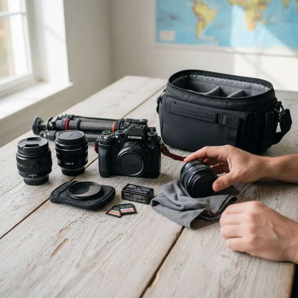 Flat lay of essential travel photography gear: a mirrorless camera body with attached 24–70mm zoom lens, two spare lenses (16–35mm wide-angle and 50mm prime), a compact carbon-fiber travel tripod, a set of neutral density filters, extra batteries, high-capacity memory cards, a microfiber lens cloth, and a weather-sealed camera bag arranged neatly on a wooden surface.