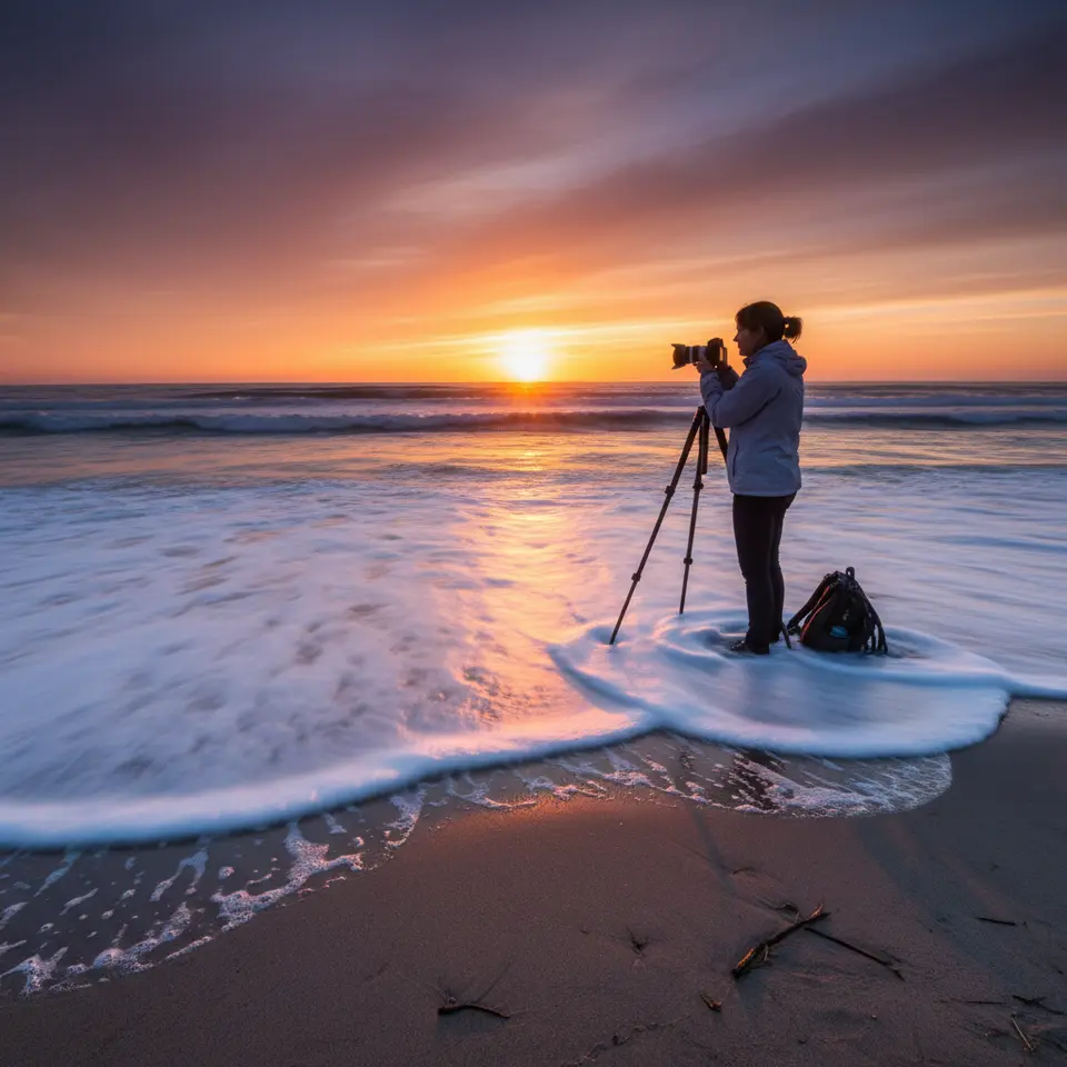 Scene of a travel photographer at the shoreline during golden hour: a silhouetted figure holding a camera on a tripod, vibrant orange and purple sky in the background, and silky, motion-blurred waves in the foreground achieved through a long-exposure ND filter.