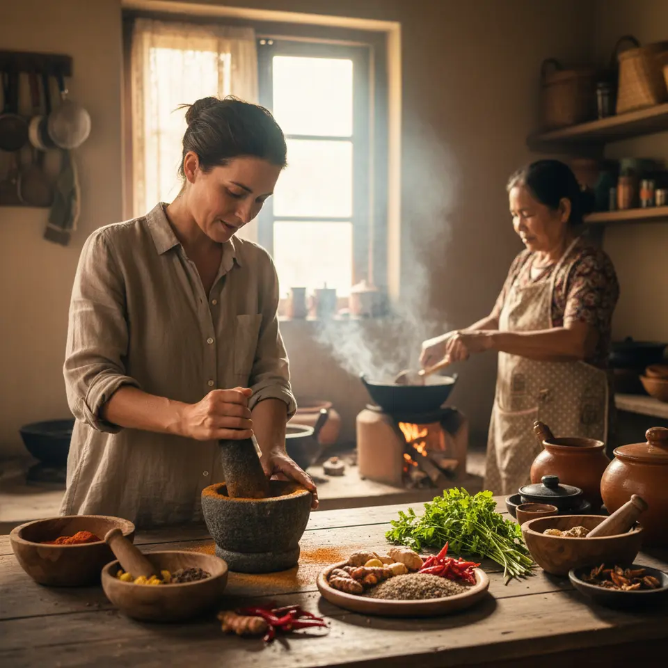 Hands-on culinary immersion: a local home kitchen scene where a traveler learns traditional cooking methods from a home cook—grinding spices, stirring pots over an open flame, colorful ingredients and rustic cooking tools laid out on a wooden table
