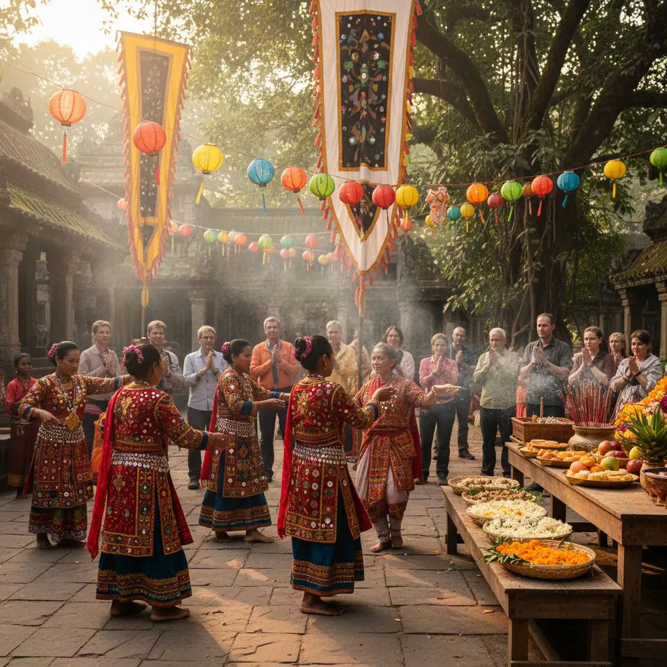 Vibrant festival participation: a lively outdoor ceremony with locals in traditional attire performing dance and ritual—bright costumes, offerings of flowers and incense, respectful travelers observing and joining in under decorative banners and festive lanterns