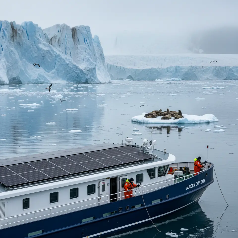Solar-Powered Arctic Voyage: a sleek expedition ship topped with rooftop photovoltaic panels gliding past towering glaciers in the Arctic Circle, onboard scientists handling ice-monitoring equipment on deck, polar wildlife (seals, seabirds) in the misty background