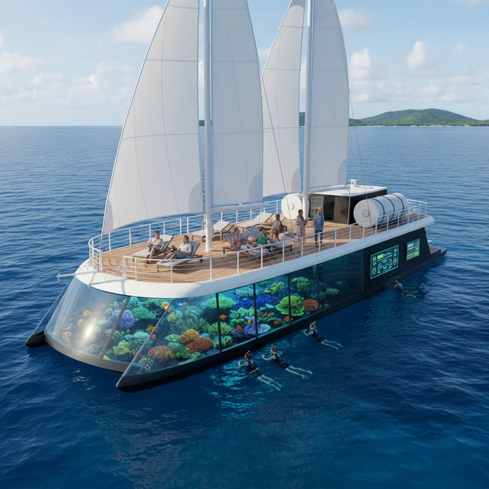 Wind-Assisted South Pacific Adventure: a modern cruise vessel deploying retractable white sails over turquoise waters, vibrant coral reefs shimmering below, passengers snorkeling around the hull, discreet biofuel tanks and hybrid engine indicators on deck