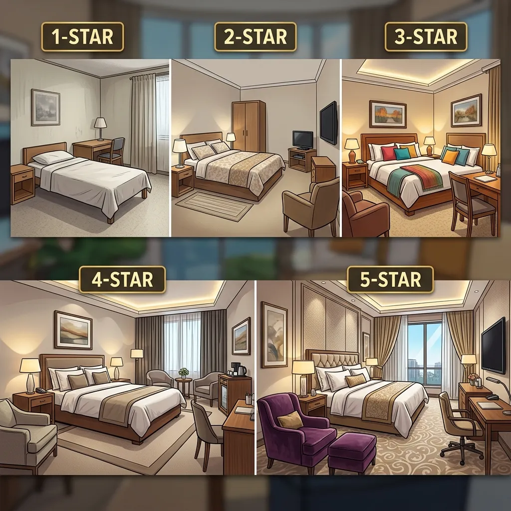 Comparison of 1-star to 5-star hotel rooms displaying different comfort and luxury standards