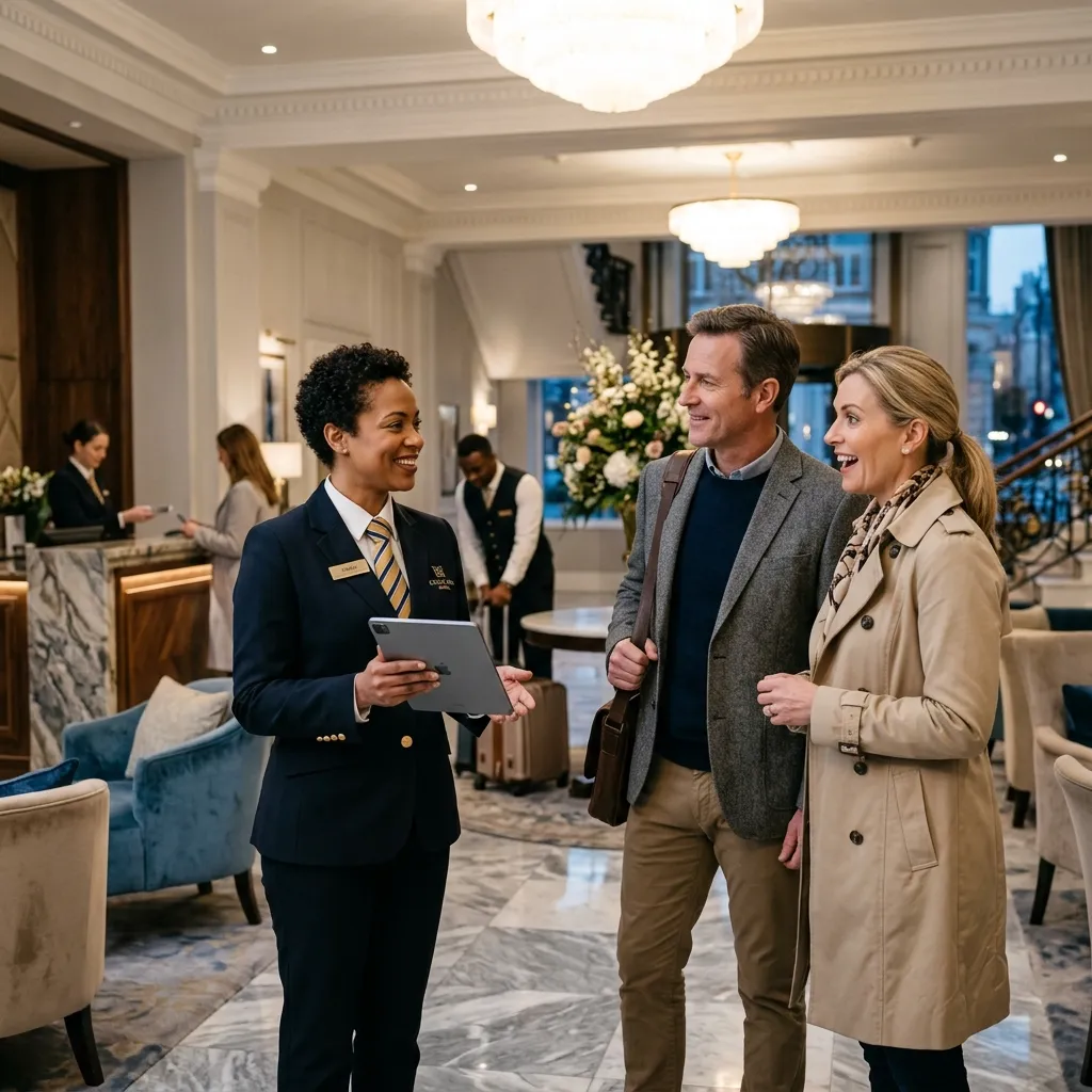 Hotel staff providing personalized guest service to improve hotel star rating system rankings