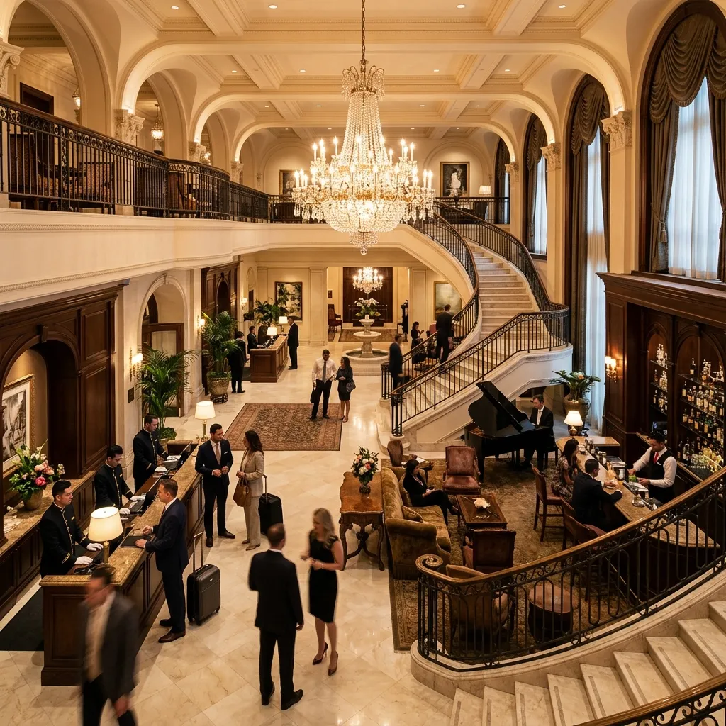 Luxury hotel lobby showcasing different hotel star rating levels and premium hospitality services