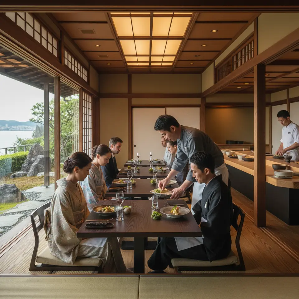 Securing Reservations at Top Restaurants: The refined interior of a Michelin-starred venue like Noma or a Tokyo kaiseki house—sleek minimalist plating of foraged ingredients on ceramic dishes, elegantly dressed tables by a waterfront or tatami room, and chefs in crisp uniforms arranging seasonal tasting menus.