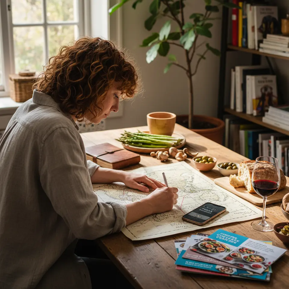 Over-the-shoulder view of a traveler mapping out a gourmet itinerary at a wooden table strewn with seasonal produce (asparagus, wild mushrooms), a folded world map, cooking-class brochures, and a smartphone displaying food-festival dates