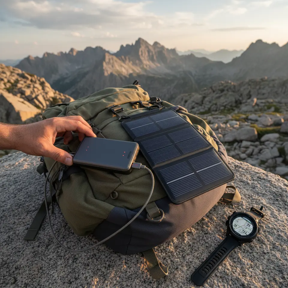 A traveler’s power setup laid out on a backpack: a 20,000mAh USB-C PD power bank doubling as a hand warmer, a foldable solar charger panel absorbing sunlight, and a smartwatch displaying GPS and heart-rate data on a rocky mountainside background