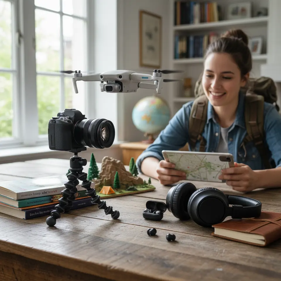 High-quality travel imaging gear on a wooden table: a mirrorless camera with interchangeable lens mounted on a flexible gorillapod, a DJI Mini drone hovering above a miniature landscape, plus noise-canceling over-ear headphones and true wireless translation earbuds